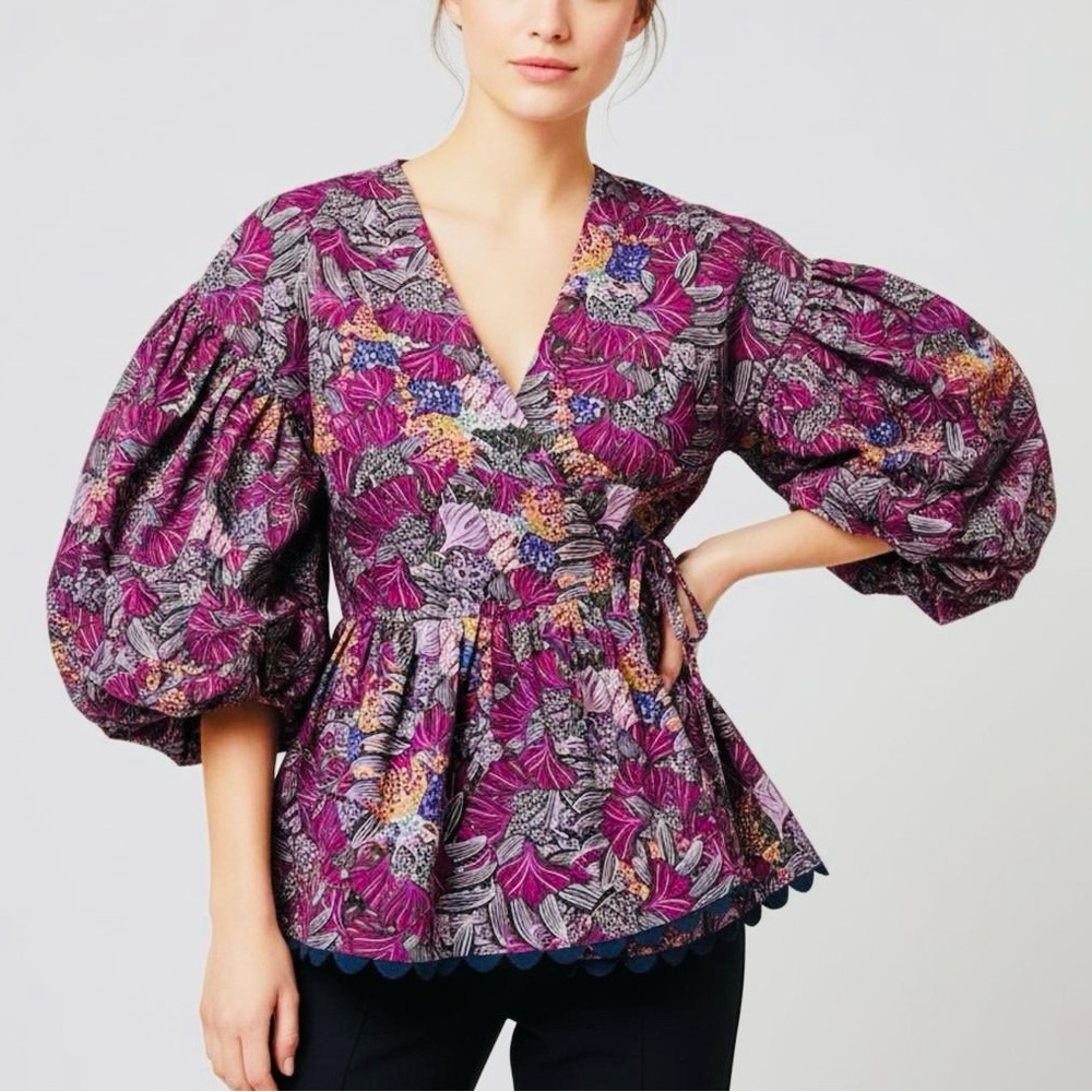Kika Vargas x Target Purple Coral Reef Scallop Edge Wrap Top 100% Cotton Size S
